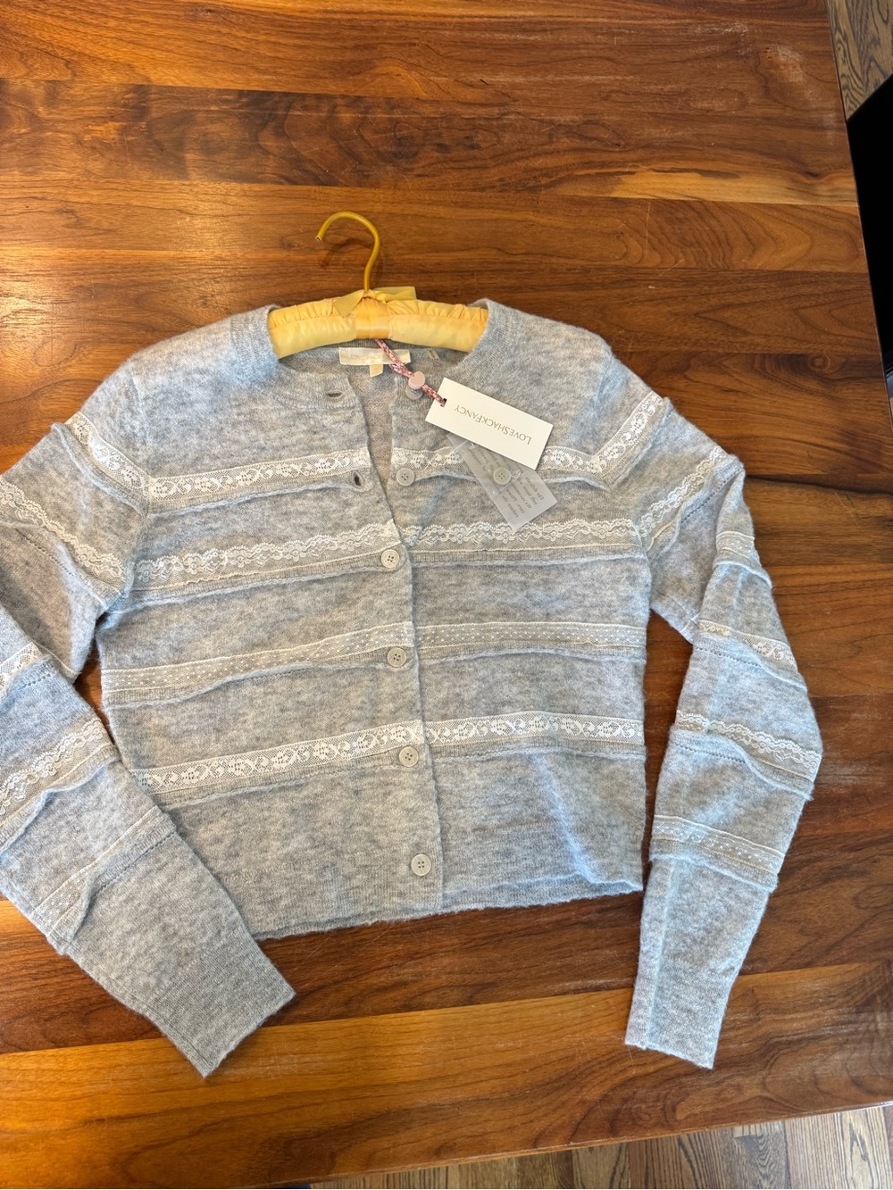 LoveShackFancy Light Gray Lace-Trim Cropped Button Cardigan